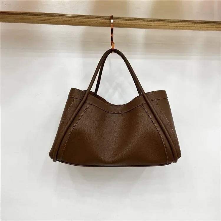 Simple Solid Soft PU Leather Large Capacity Woman Portable Basket Travel Tote Wide Shoulder Strap Crossbody Bags Matching Purse