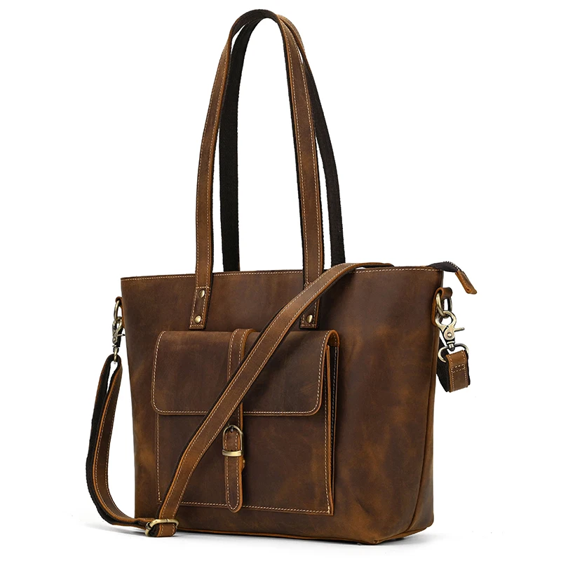 Genuine Leather Women's Tote Big Capacity Daily Business Handbag 14 inch PC Bag Female Large Travel Shoulder Message Bag